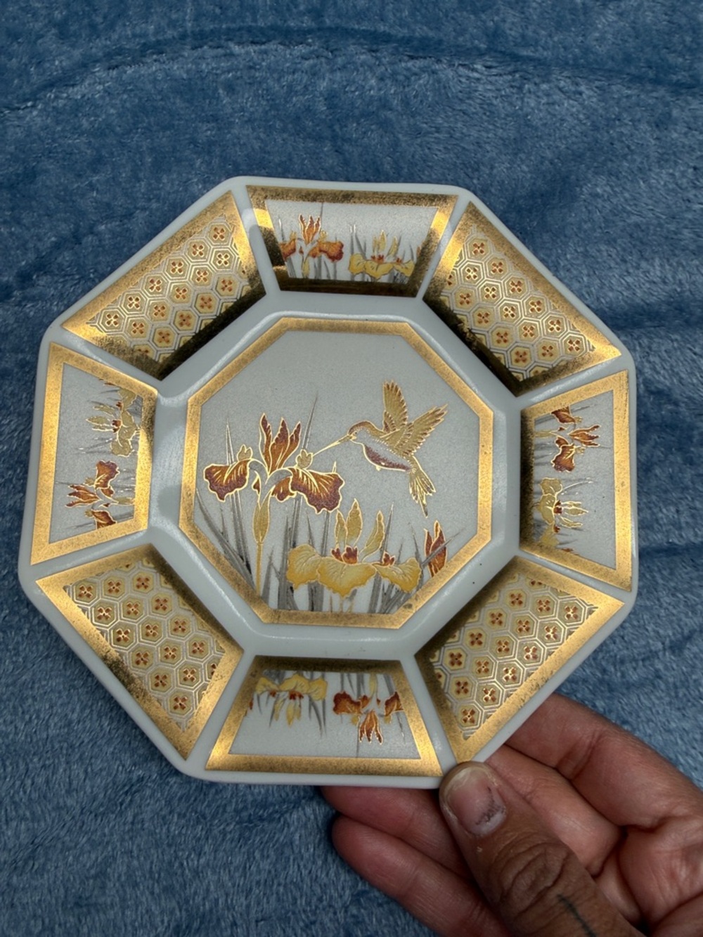 Vintage Octagonal Floral Gold-Trim Decorative Dish - White and Gold